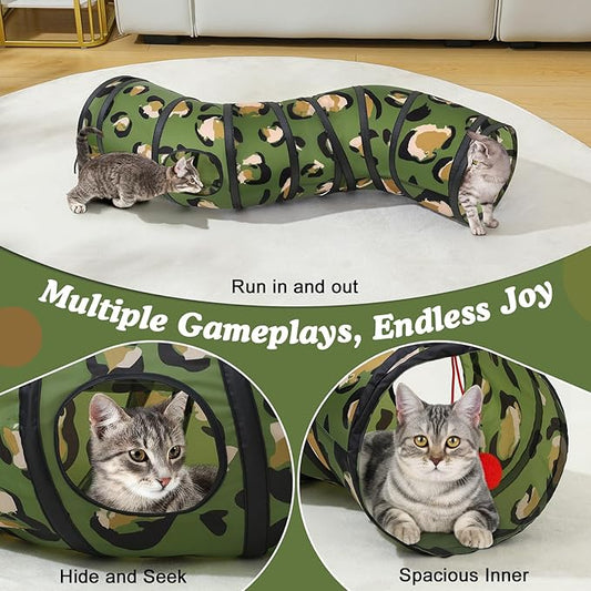 Pawaboo Cat Tunnel, S-Shaped Cat Tube Tunnel 25 * 97cm(9.8''*38.2'') with Balls and Bells, Collapsible Portable Kitten Play Tent Toy Interactive Cats House with Peep Holes for Kitty, Leopard Print