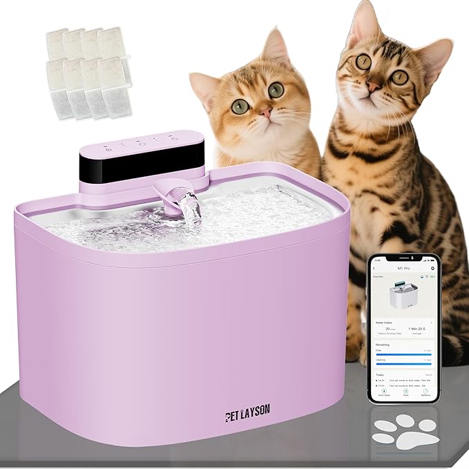 PET LAYSON Pumpless Cat Water Fountain,App Remote Control Smart Cordless Battery Operated 3.6L/122oz Wireless 2.4GHz Wi-Fi Networks Rechargeable Water Dispenser (Pink, M1Pro-8 Filter)