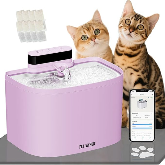 PET LAYSON Pumpless Cat Water Fountain,App Remote Control Smart Cordless Battery Operated 3.6L/122oz Wireless 2.4GHz Wi-Fi Networks Rechargeable Water Dispenser (Pink, M1Pro-8 Filter)