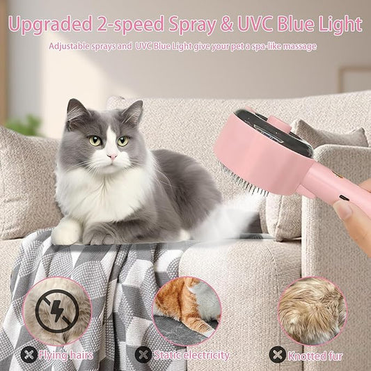 Cat Steam Brush For Shedding, Steamy Dog Grooming Brush With 2-Speed Spray, Blue Light And Release Button, Rechargeable Water Pet Hair Brushes Wet Self Cleaning Spa Comb