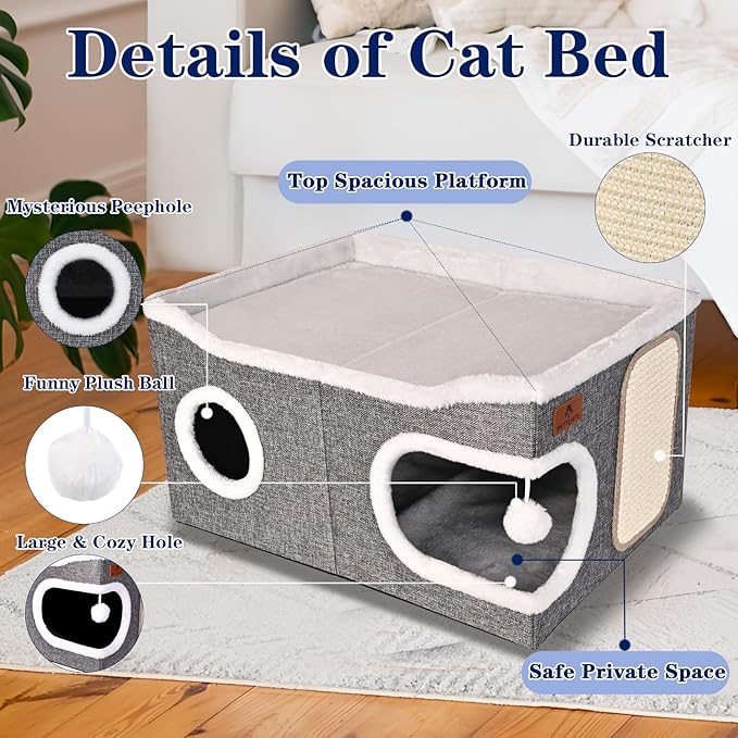 Extra Large Cat Beds for Indoor Cats, Covered Cat Cave Beds & Furniture with Scratch Pad and Fluffy Ball, Foldable Condo Hideaway with Reversible Cushion for Multi Small Pet Large Kittens, Grey