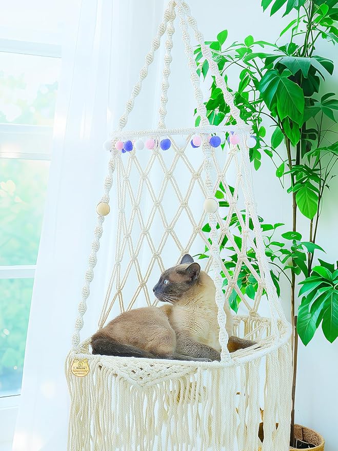 KARCEEY Hanging Cat Bed Macrame Cat Hammock Window Perch with Catnip Mat for Wall Window Indoor/Outdoor