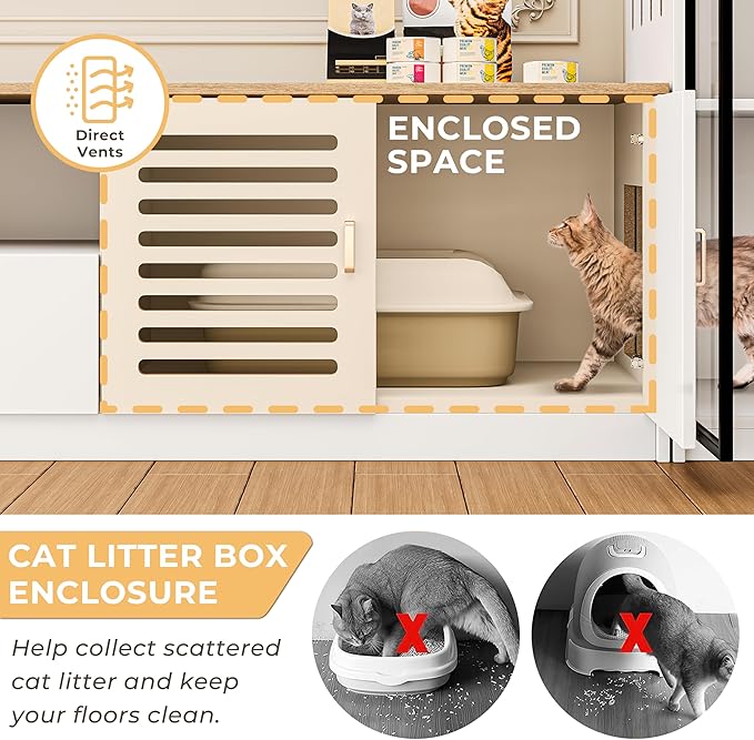 3-in-1 Cat Cabinet and TV Stand White Cat Climbing Furniture with Scratching Posts Pet Door, Modern Wooden Design with Storage and Drawer for Living Room