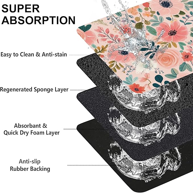 Boho Floral Pet Feeding Mat for Floors-Absorbent Dog Bowl Mat for Food and Water, Quick Dry Pet Cat Feeding Mats with Non Slip Bottom, Mess-Free Dog Accessories 12"x20"