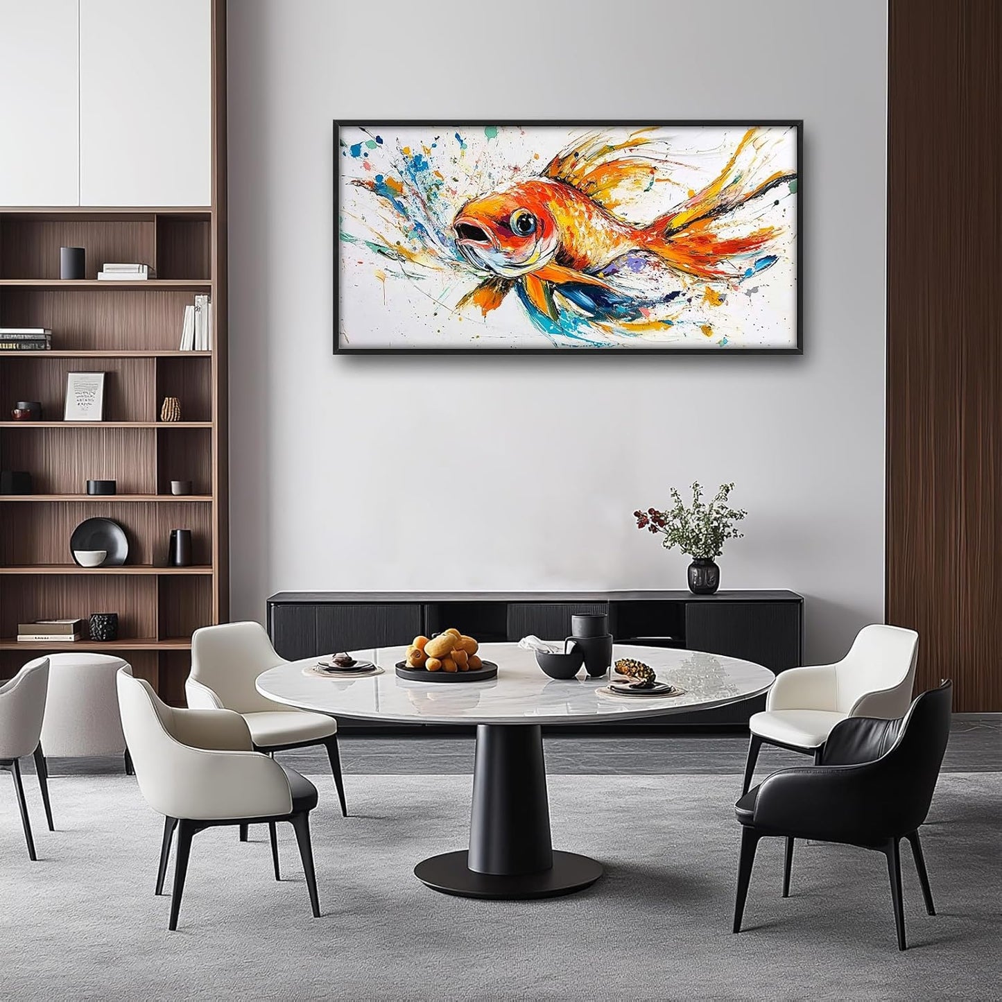 Framed Large Fish Wall Art for Living Room, Oversized Graffiti Goldfish Wall Decor Watercolor Fishing Canvas Painting Modern Artwork Home Decoration for Living Room Bedroom Office 60"x30"