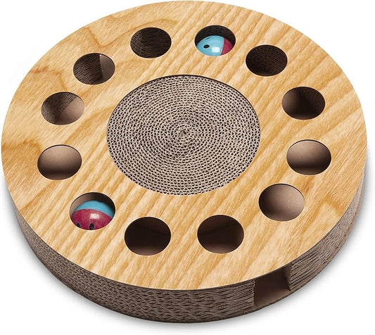 Furhaven Scratching Pad Ball Track Cat Toy w/ Catnip for Indoor Cats - Round Busy Box Scratcher - Tan, One Size