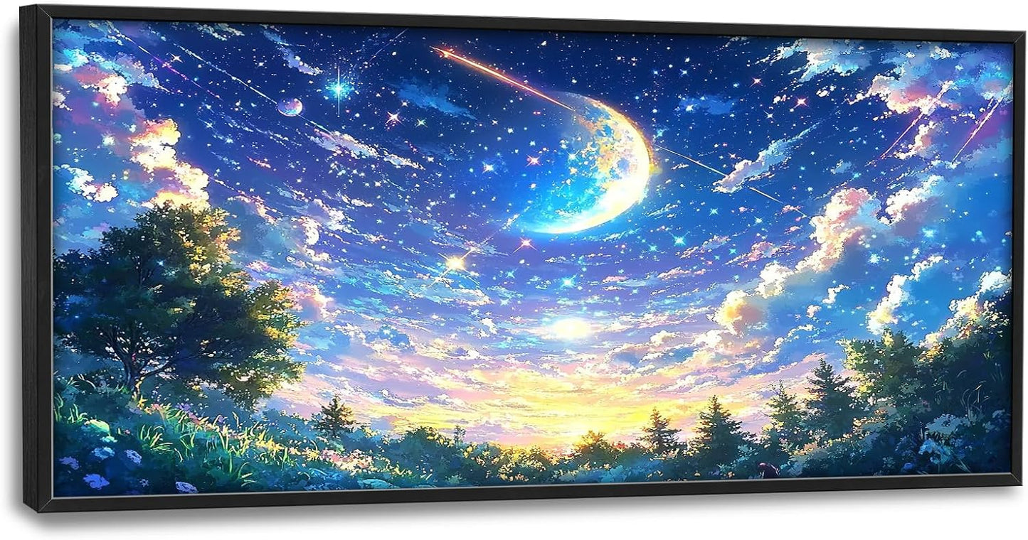 Framed Large Anime Sky Wall Art for Living Room, Oversized Fantasy Night Sky Forest Wall Decor Nature Canvas Painting Modern Artwork Home Decoration for Living Room Bedroom Office 60"x30"