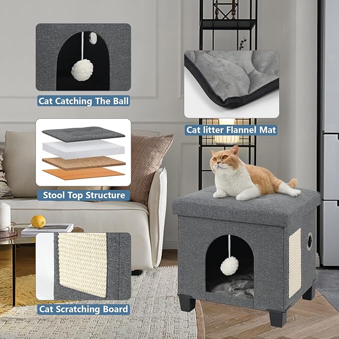 BRIAN & DANY Cat House for Indoor Cats, Cat Cave Bed for Pet, Cat Cube with Cat Scratch Board & Cat Ball, 14.7" x 14.1” x 12.7”, Gray