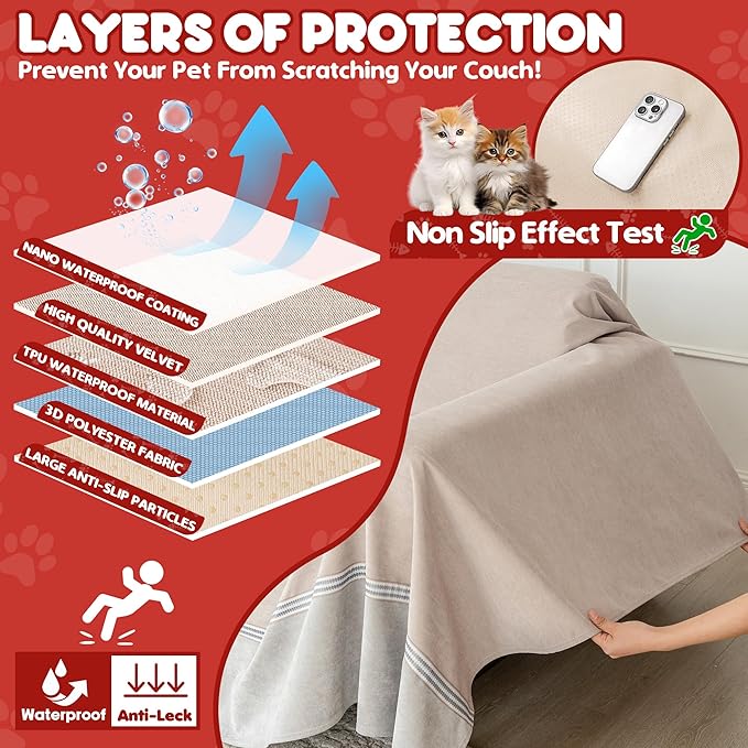 Loiion Cat Scratch Furniture Protector - Anti-Slip, Waterproof Sofa Cover to Keep Cats Off, Pet-Friendly Couch Protectors for 3 Cushion Couch, Anti-Scratch Couch Cover for Pets and Kids 134"X91"Khaki