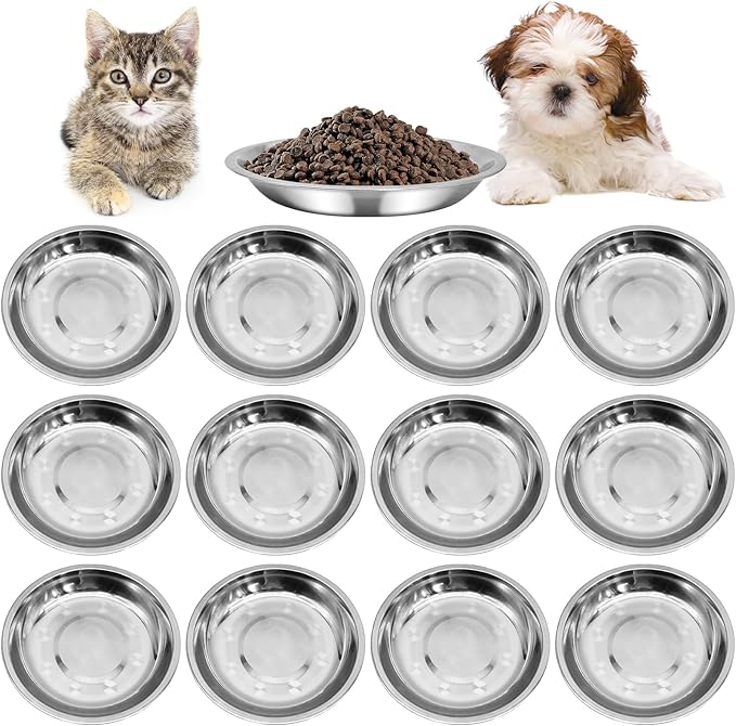 kathson Shallow Stainless Steel Cat Bowls 12 Pcs Whisker Fatigue Cat Dishes Flat Dog Feeding Saucers Pet Food and Water Plate Set for Kitten Puppy and Other Small Animals (7.00 Inch Dia)