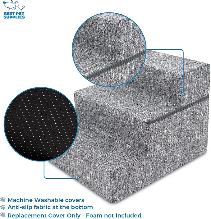 Best Pet Supplies Dog Stairs & Steps - Foam Steps for Small Dogs & Cats, Non-Slip Indoor Balanced Pet Step Support, Dog Ramp, No Assembly, Ash Gray Linen, Foldable 3-Step (16.5-inch Height)