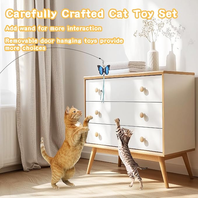 Cat Toys 6Pcs with Interactive Wand & Hanging Door Toys – Interactive Cat Feather Toy for Indoor Cats, Bored Cats – Includes Bells, Replaceable Heads, Adjustable Elastic Rope