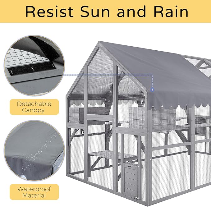 Catio Outdoor Cat Enclosure House Large for Multiple Cats, Wooden Cat Condo Cage for Outside with Waterproof Roof, Playpen, Resting Box, Platform, Bridges, Doors, 111”x74”x74”, Gray