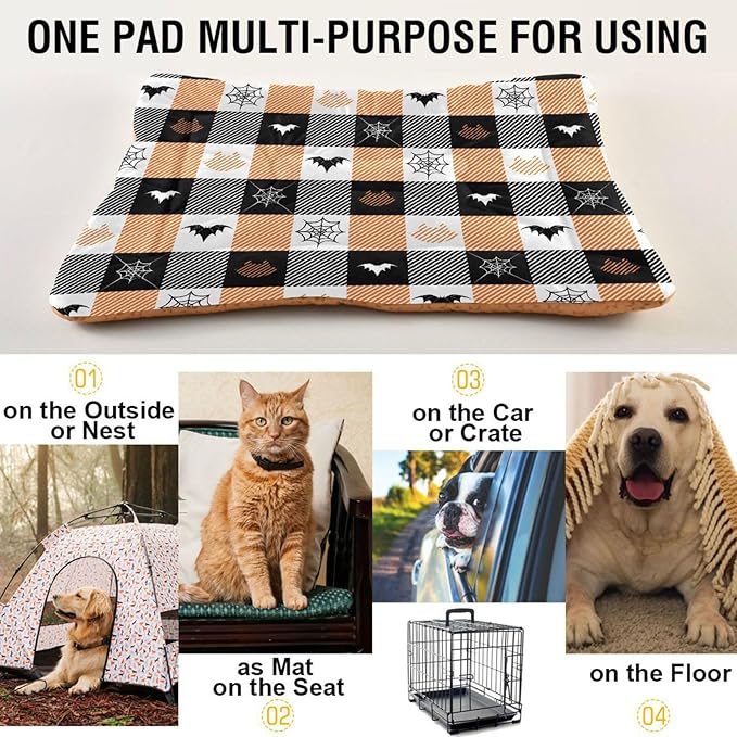 Pet Bed Halloween Bats Cat Plaid Stripe Dog Bed Mat Absorbing Non Slip Pad Pet Sleeping Mat for Small, Medium, and Large Dogs Puppy Cat 36 in x 24 in