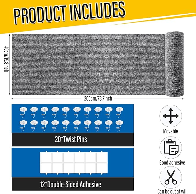 Cat Scratch Couch Furniture Protector, Adhesive Cat Scratch Pad Deterrent for Furniture, DIY Climbing Scratcher for Indoor Cats (Light Grey, 78.7x15.8 in)