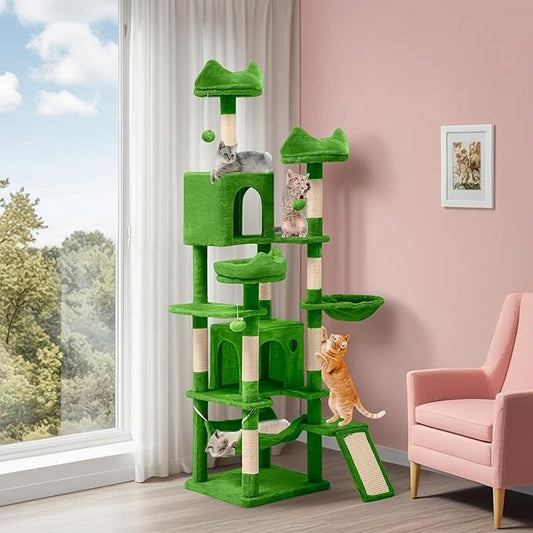 YITAHOME 75-Inch Tall Cat Tree Indoor: Multi-Level Kitten Tower with Kitty Condos, Top Perches, Sisal Ramp, Scratching Posts & Cozy Basket Hammocks Pet Play House Green
