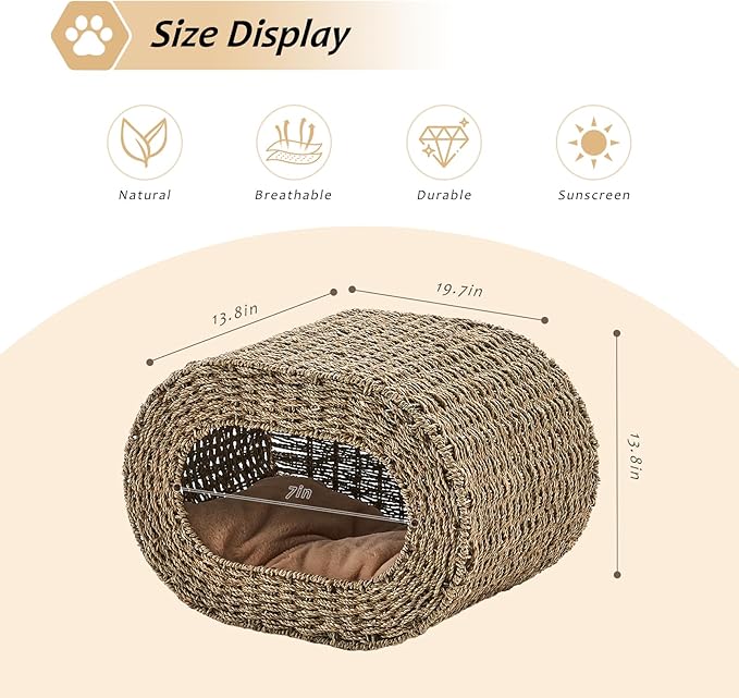 Cat House,Handwoven Cat Cave Pet Cube, Natural Cat Beds Indoor Kitten House with Double-Sided Soft Cushions, Pet Cat House for Multiple Cats, for Living Room Bedroom