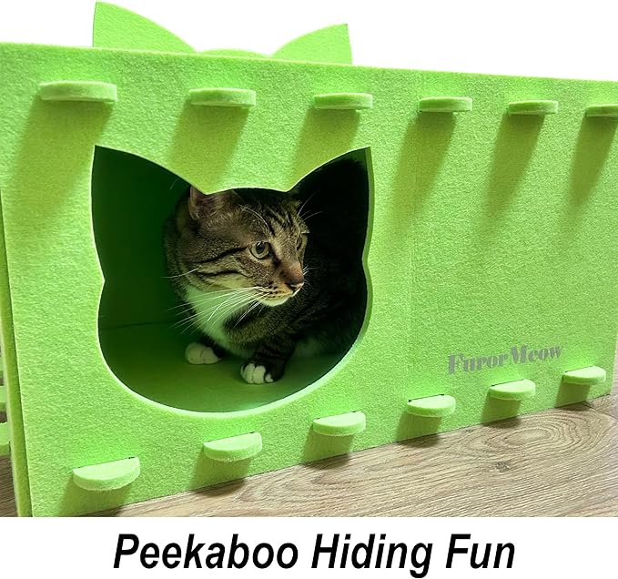 Cat House Cat Ear Design, Large Spacious Cozy Indoor Cat Bed Cave, Scratch Resistant Strong Thick Premium Felt Condo, Fun Hideaway for Multiple Cats, 21.5x13x11.6 inches (Bright Green)