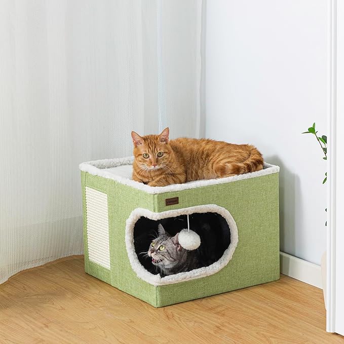 Cat Bed for Indoor Cats Cube House, Covered Cat Cave Beds & Furniture with Scratch Pad and Hideaway Tent, Cute Modern Cat Condo for Multi Small Pet Large Kitten Kitty, Green