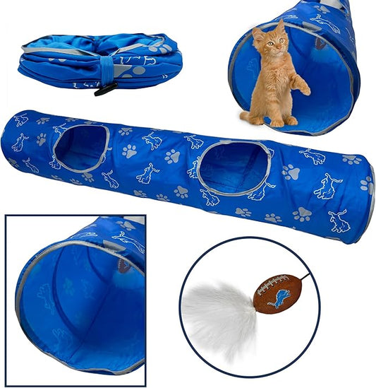 NFL Detroit Lions Cat Tunnel Tube Toy with Plush Football Catnip and Feathers Collapsible Tunnel for Cats to Play, Peek and Hide, Sporty & Fun Cat Tunnel Toy with Team Logo All-Over Design!