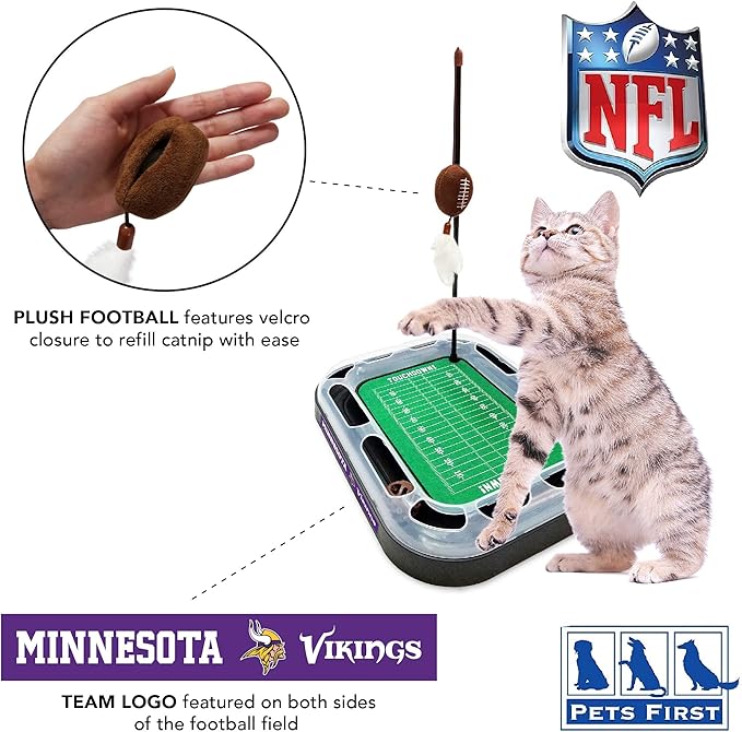 Pets First Cat Ball Bell Minnesota Vikings Football Field CAT Scratcher Toy with Catnip Filled Plush Football Toy & Feather Cat Toy Hanging, Jingle Bell Interactive Ball Cat Chasing 5-in-1 Kitty Toy