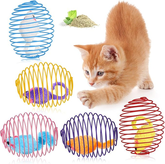 Jecery 5 Pcs Cat Spring Balls Stretchable Springs Toys Rolling Balls Colorful Playful Coils Interactive Spring Action Toy Caged Rats for Kitten Cat Pet Supplies Indoor (Catnip Rats,Multicolor)