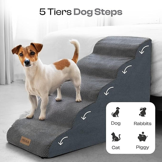 5-Step Curved Dog Stairs for High Beds Up to 30", Non-Slip Foam Pet Ramp for Small and Medium Dogs and Cats, Washable Cover, Soft Climbing Steps for Couch & Sofa
