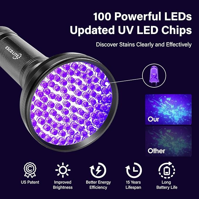 ESCO LITE UV Flashlight Black Light, 100 LED 395 nM Ultraviolet Flashlights UV Blacklight Detector for Dog Urine, Pet Stains and Bed Bug, Matching with Pet Odor Eliminator