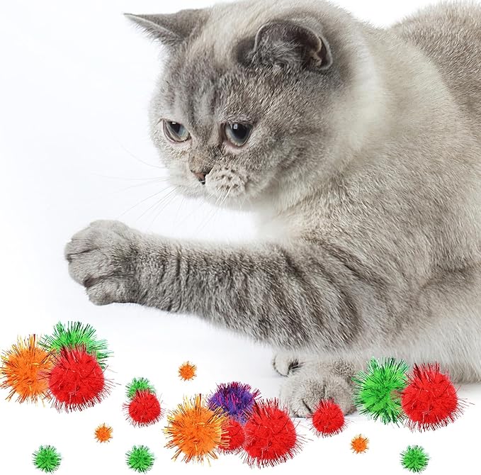 100Pcs Color Flash Cat Toy Balls, Craft Cat Toy Balls with Tinsel, Soft Fluffy Puff Ball for Crafts, Sparkle Glitter Cotton Ball for Kittens Exercise