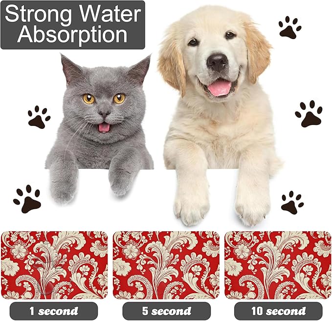 Red White Paisley Dog Food Mat-Absorbent Pet Feeding Mat for Food and Water Bowl, Quick Dry Dog Placemat with Rubber Backing-No Stains Pet Supplies for Messy Drinkers 12"x20"