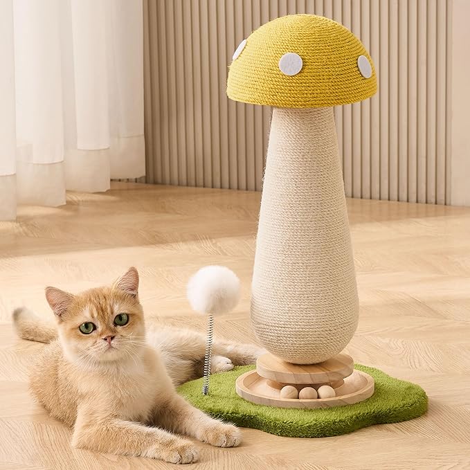 21.5‘’ H Cat Scratching Post with Catnip,Cute Mushroom Cat Scratcher Post with Durable Natural Solid Wood Turntable Toy,Lemon Yellow Mushroom Shape Cat Toy Cat Sisal Scratcher for Indoor Cats