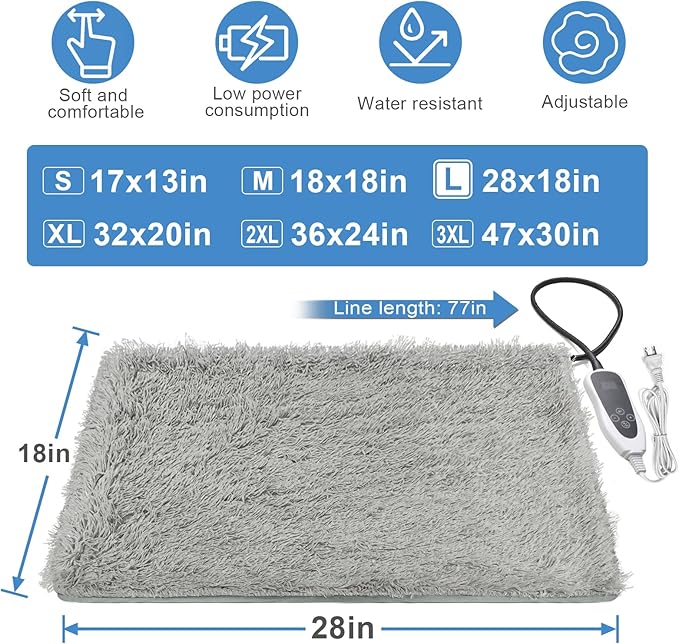 Pet Heating Pad, 28×18 in Dog Heating Pad, Heated Dog Bed with Smart Thermostat Electric Steel Rope, Suitable for Puppy Whelping Supplies, Detachable and Washable Plush Mask - Gray