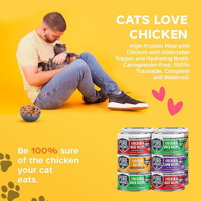 Chicken Recipe in Broth, Shredded Wet Cat Food, Variety Flavor Pack: Chicken, Lamb, Duck, Beef; Grain-Free Protein, Non-GMO