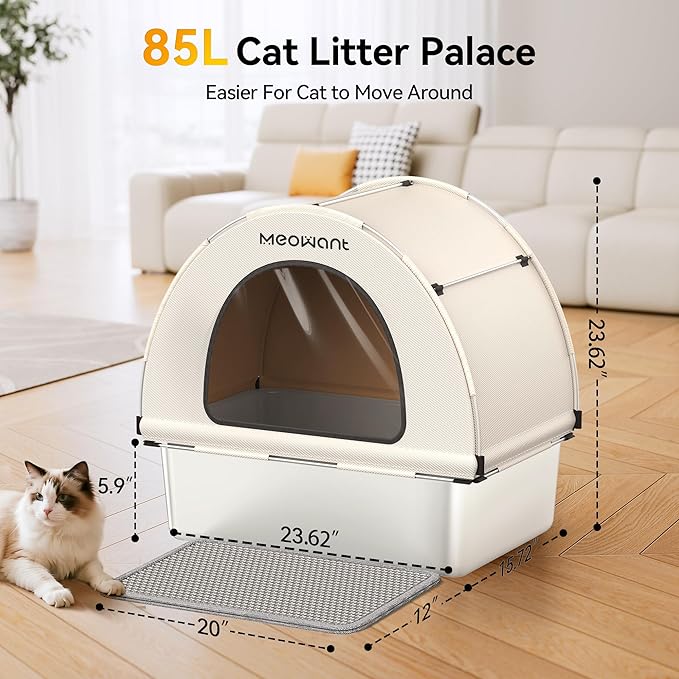 Meowant Stainless Steel Cat Litter Box, Extra Large 3-in-1 Covered Litter Box with High Sided Oxford Fabric Cover & Extendable Litter Scoop, Leakproof, Odor Resistant, Non-Sticky, Easy Cleaning