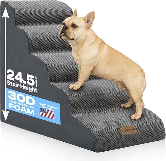 5-Step Curved Dog Stairs for High Beds Up to 30", Non-Slip Foam Pet Ramp for Small and Medium Dogs and Cats, Washable Cover, Soft Climbing Steps for Couch & Sofa