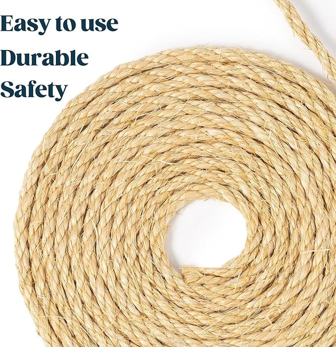 Natural Sisal Rope for Cat Scratcher 1/4 Inch by 50 Feet, Cat Tree Rope Twine for Cat Scratching Post Replacement, Cat Tower with Scratch Post Repairing, Replace, Recovering and DIY, Natural