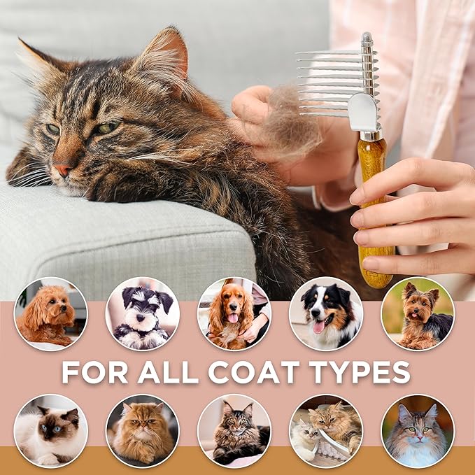 TAKAVU Dematting Fur Rake Comb Brush for Dogs & Cats - Undercoat Comb with Safety Blades for Removing Knots, Mats & Tangles - Grooming Tool for Poodles, Doodles, Long Haired Pets