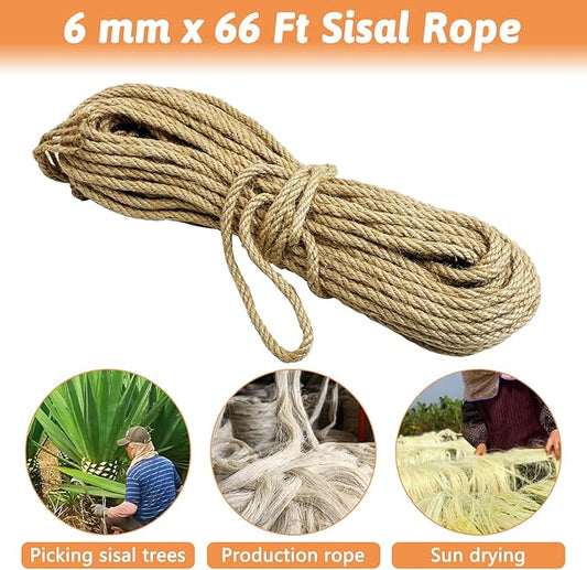 Cat Natural Sisal Rope for Scratching Post Tree Replacement, Hemp Rope for Repairing, Replacement Cat Tree and Tower (6 mm 66 Ft)