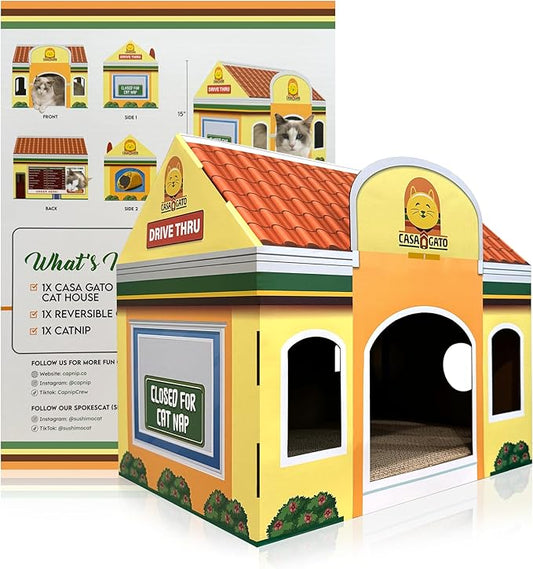 Capnip Cardboard Cat House with Scratcher for Indoor Cats – Mexican Fast Food Theme with Peek Holes, Casa Gato Design