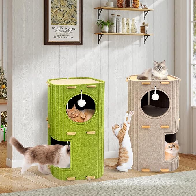 Homegroove Cat House for Indoor Cats, 2-Storey Cozy Felt Cat Bed Cave with Tunnel Hideaway, Large Multi-Cat Condo for Rest & Play (Camel, Large)