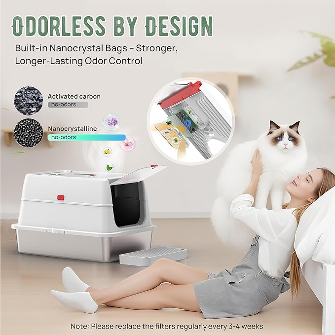 Stainless Steel Litter Box: Enclosed Cat Litter Box with Flip Lid Self Cleaning and High Sided Top Entry Design, XL Extra Large Metal Kitty Litter Pan Tray for Big Cats, Built-in Carbon Filter Pouch