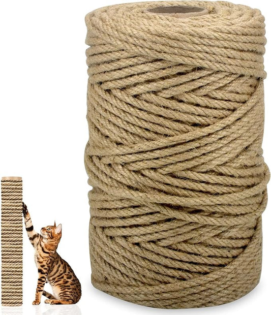 Jute Rope for Cat Scratch Post 1/4" Diameter 328 FT Cat Natural Hemp Rope Cat Tower Repair Rope Cat Tree Rope Replacement Recovering and DIY