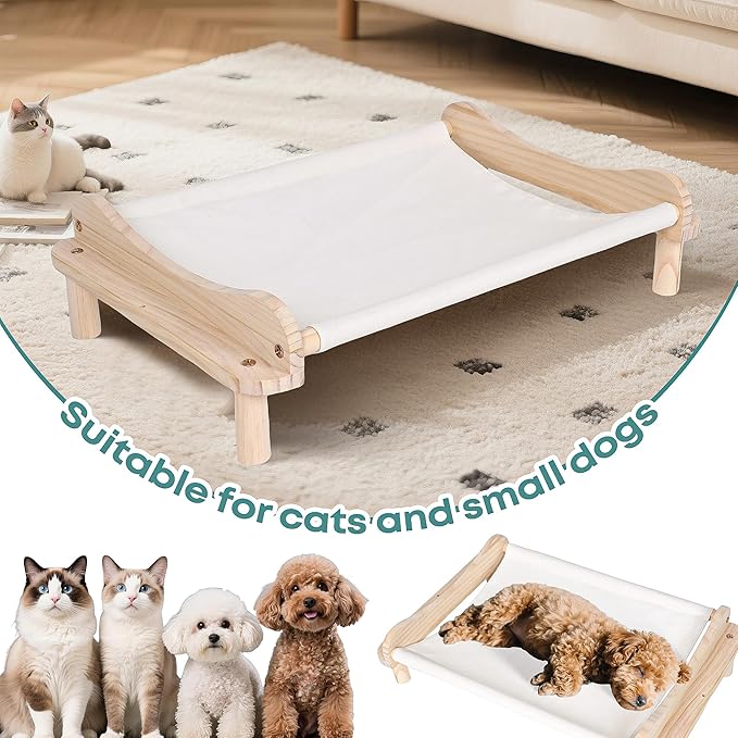 Elevated Wooden Cat Bed – 24"x15.7"x5.9" Breathable Hammock Pet Bed for Indoor/Outdoor Use, Raised Dog Lounger for Small Pets Like Kittens, Puppies, Rabbits, and Bunnies(White-1)