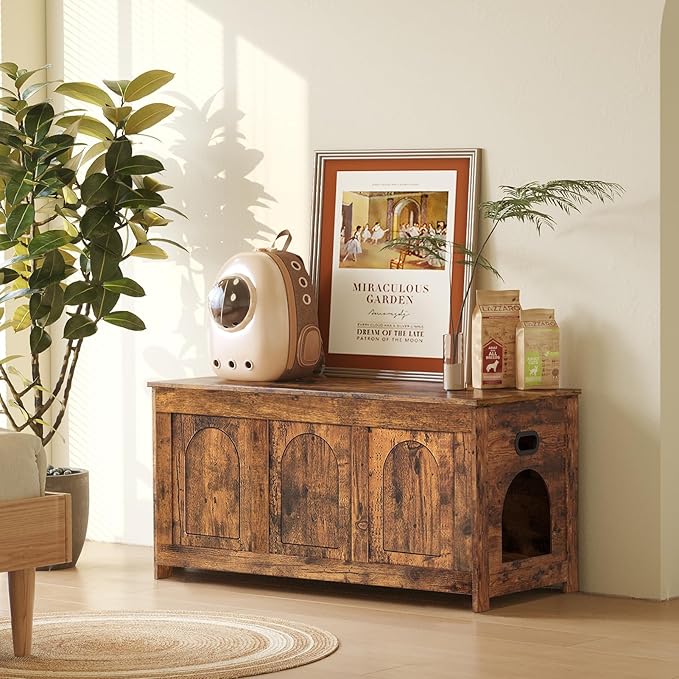 DINZI LVJ Cat Litter Box Enclosure, Flip Top Litter Box Furniture, Farmhouse Hidden Cat Washroom, Wooden Pet House, End Side Table, 39.4"L x 19.7"W x 19.7"H, Sturdy and Easy to Assemble, Rustic Brown