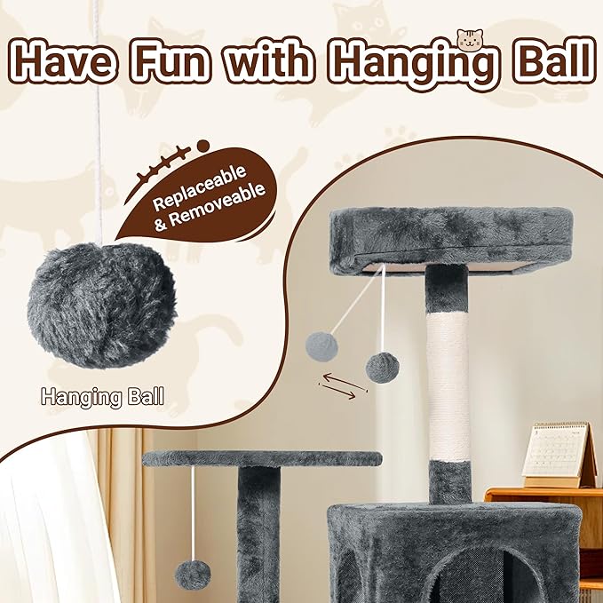Cat Tree, 54-Inch Cat Tower for Indoor Cats,Plush Multi-Level Cat Condo with Scratching Posts, Basket, Perches,2 Caves,2 Pompoms(Dark Gray)