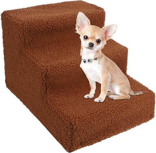 yofit Doggy Steps - Non-Slip 3 Steps Pet Stairs for Cats and Dogs, Foldable Plastic with Washable Carpet Holds Up to 50 lbs (Brown)