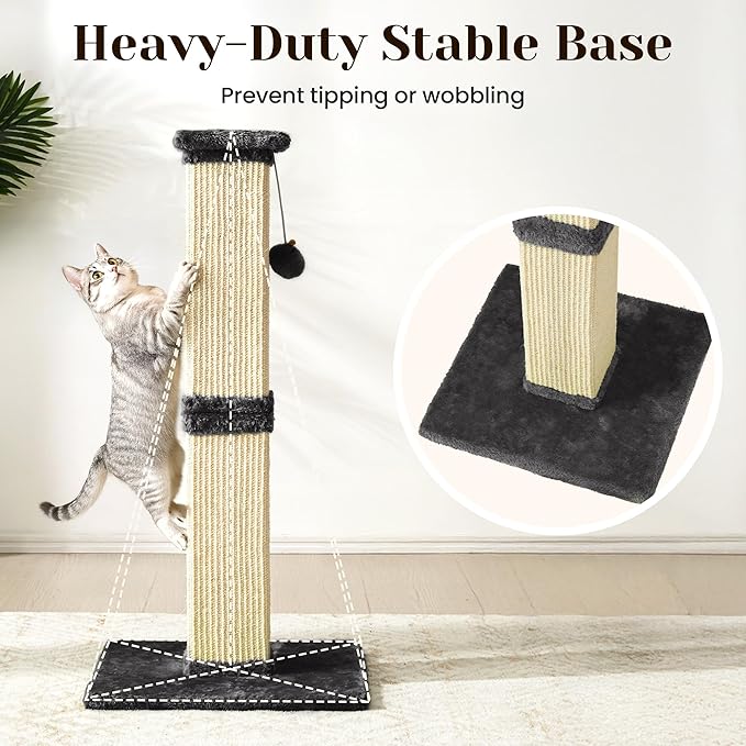 Cat Scratching Post with Hanging Toy Ball, 32-Inch Tall Sisal Cat Scratcher for Indoor Cats, Grey