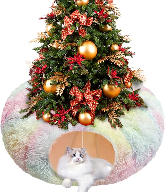 Cat Tunnel Bed with Furry Soft Mat,Cat Donut Tunnels for Indoor Kitten Large Cats to Chase and Play, Peekaboo Tube Cat Cave Toys,Foldable & Easy to Store,Diameter 31.5" (Rainbow Color)