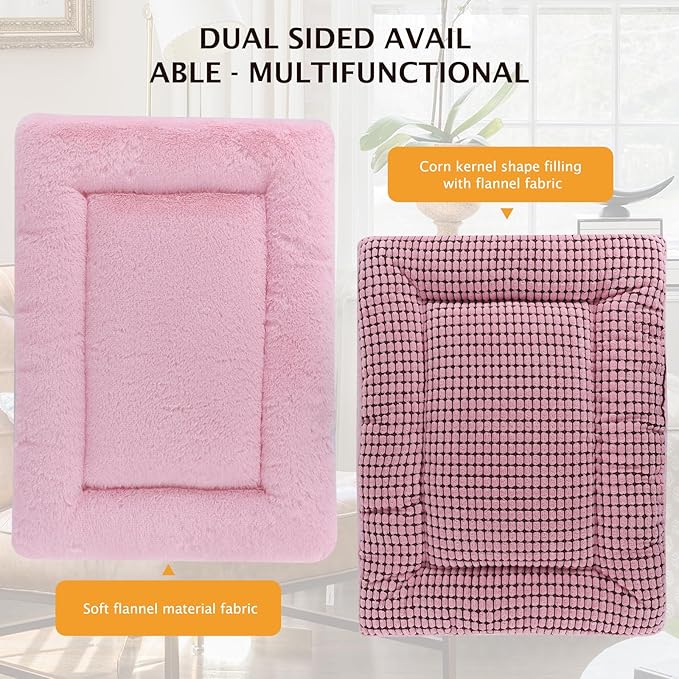 Reversible Dog Bed Mat with Plush and Corn Velvet,Soft Warm Pet Cushion, Dual Purpose Washable Sleeping Mattress Bed for Small Medium Large Dog and Cat XB004 (18 * 13", Pink)