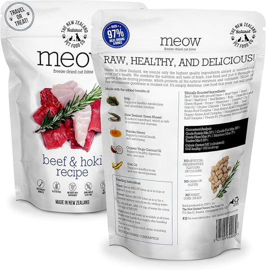 Meow Freeze Dried Cat Food - Beef & Hoki Recipe, High Protein Cat Treats, Meals & Toppers, Dry Cat Food,1.76 oz